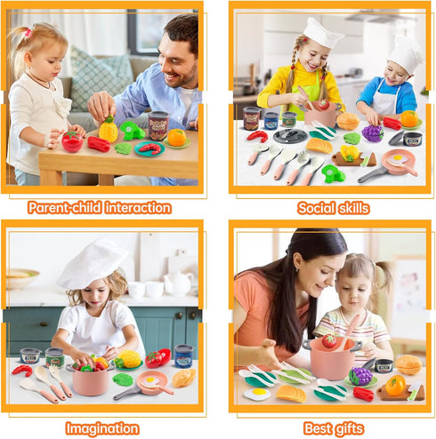 50Pcs Kitchen Playset, Toddler Pretend Cooking with Play Pots and Pans, Utensils Cookware, Daily Food, Fruit &Vegetables Accessories, Learning Gif...