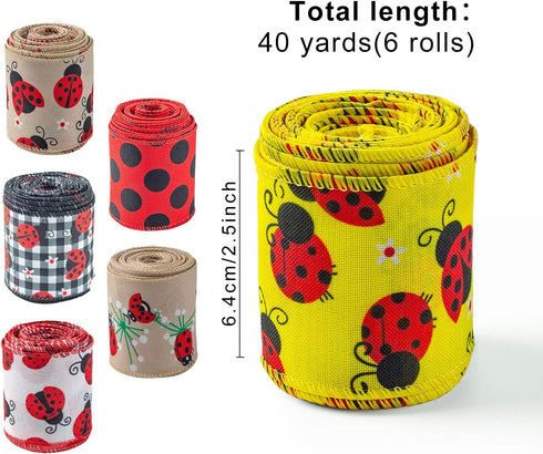 Ladybug Ribbon Wired 6 Rolls Red Ladybugs Ribbon Polka Dot Wired Edge Ribbon 2.5 Inch 40 Yards Spring Summer Wired Ribbon DIY Craft Ribbon for Wra...