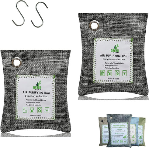 Bamboo Charcoal Bags Odor Absorber, 2 Packs 100g Charcoal Deodorizer Bags with Hooks, Nature Bamboo Charcoal Air Purifying Bags Activated Charcoal...