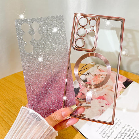 Fiyart Designed for Samsung Galaxy S22 Ultra Case,Compatible with MagSafe Love Heart Plating Camera Protection Clear Phone Case, Magnetic Glitter ...