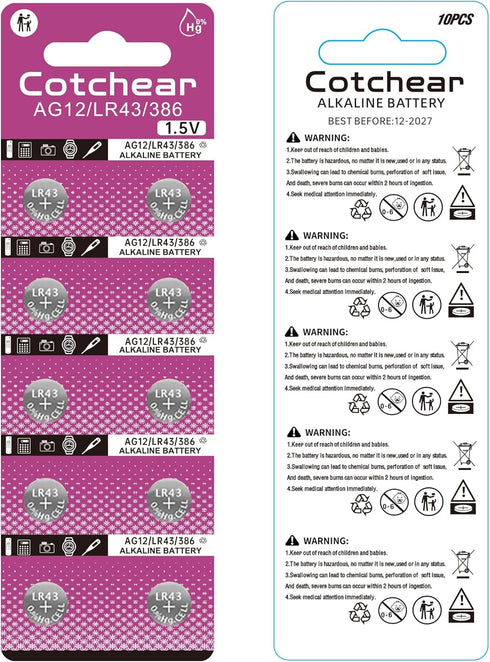 Cotchear 10pcs LR43 Batteries 1.5V AG12 Button Cell Battery L1142 SR43 SR43 260 386 Battery for Watch Toys...