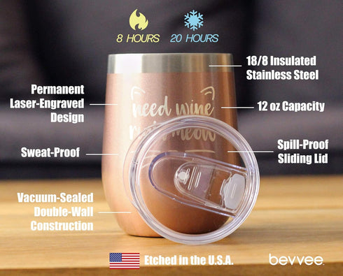 Bevvee Need Wine Right Meow - Cat Wine Tumbler Glass with Sliding Lid - Stemless Stainless Steel Insulated Cup - Funny Cute Gifts - Rose Gold...