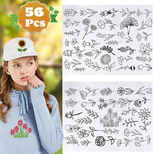 Flower Embroidery Transfer Patterns, 56 Pcs Water Soluble Stabilizer for Embroidery Paper Patch Adhesive Tear Away Embroidery Stabilizer for Hand ...