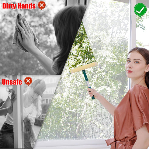 Window Squeegee for Home, 2 in 1 Window Cleaner Sponge and Dual Side Blade Rubber, Window Squeegee Cleaning Tool with 8’’ Pole for Windows, Glass ...