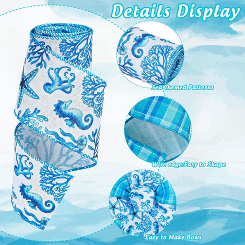 Whaline 2 Rolls Summer Wired Edge Ribbon 2.5 Inch Seahorse Starfish Coral Craft Ribbon Blue Ocean Sea Fabric Ribbon for Bow Wreath Craft Gift Wrap...