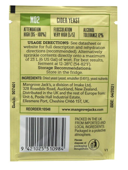 2X Mangrove Jack's Yeast Cider M02 Craft Series Yeast 9g Treats 23L...