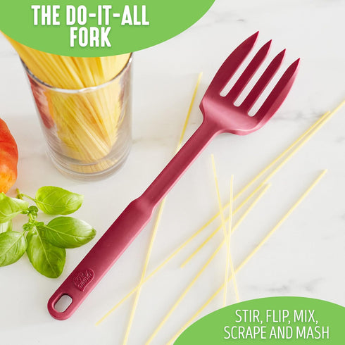 GreenLife Cooking Tools and Utensils, 10-in-1 Silicone Fork to Stir Mix Mash and Scrape, Heat and Stain Resistant, Dishwasher Safe, Red...