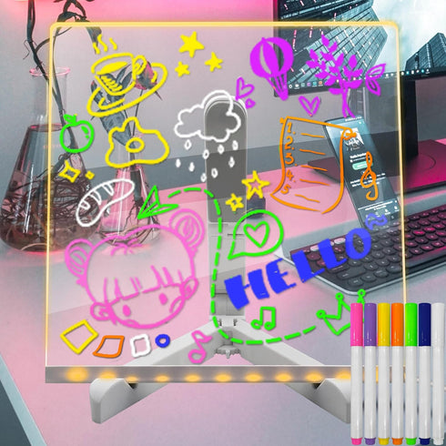 Fanrui Acrylic Dry Erase Board - 8.26 x 8.26 inch Clear Desktop Easel Write Board Lamp with 7 Markers Tray on Desk, to Do List Notepad for Office,...