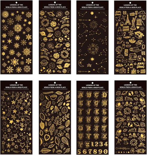 Gold Stamping Stickers for Kids & Toddlers 8 Sheets 400+ Gilding Peel-Off Stickers for Scrapbooking Bullet Journal Including Outer Space,Leaves,Sn...