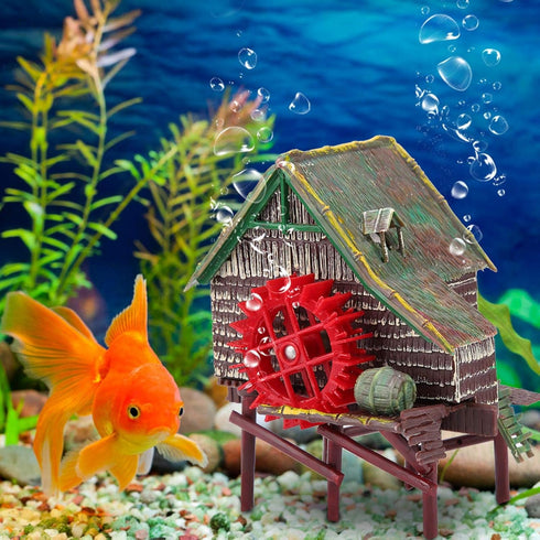 DAUERHAFT Aquarium Windmill, Aquarium Decorations Big Water Wheel Landscaping Pneumatic Aerated Waterwheel Hut Resin for Fish Tank Landscaping Dec...