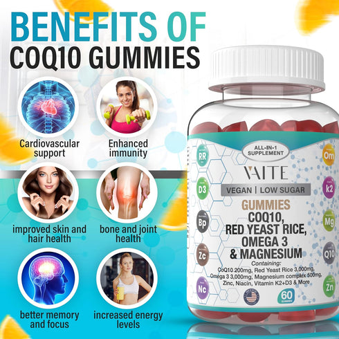 Coq10 Gummies Red Yeast Rice Magnesium Gummy Supplements Omega 3 Niacin Zinc Vitamin K2 D3 B3 - Heart Health Support Vitamins for Women and Men, A...