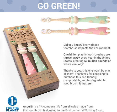 ROARex® All-Natural Eco Friendly Kids Toothbrush Made from Plants - Giraffe 4-36m - Baby to Toddler - Rose/Mint - 4pk | 1% for The Planet Product...