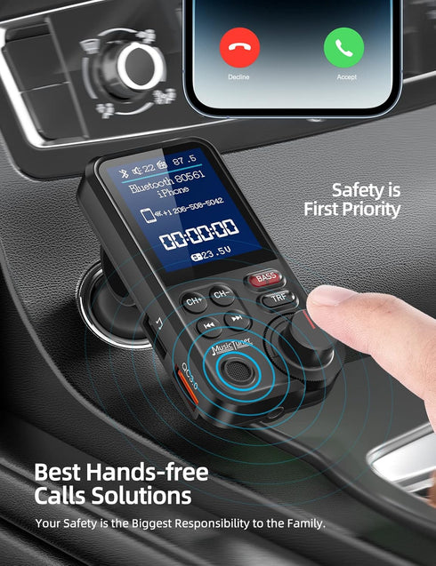 Nulaxy FM Bluetooth Transmitter for Car, Strong Microphone Bluetooth Car Adapter with 1.8" Color Screen for Hands-Free Calls, Supports QC3.0 Charg...