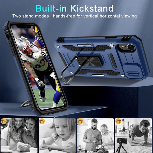 DEERLAMN for iPhone XR Case with Slide Camera Cover+Screen Protector (1 Pack),Rotated Ring Kickstand Military Grade Shockproof Protective Cover 6....