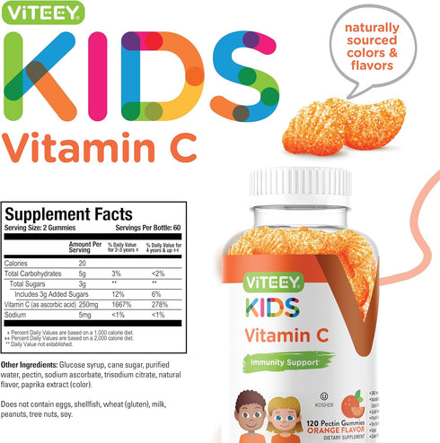 Kids Vitamin C Gummies - Immune Support for Kids, Toddlers, & Teens - Vegan, Gelatin Free, Gluten Free, GMO Free - Tasty Chewable Orange Flavored ...