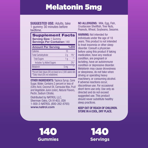 Natrol 5mg Melatonin Gummies, Sleep Support for Adults, Melatonin Supplements for Sleeping, 140 Strawberry-Flavored Gummies, 70 Day Supply...