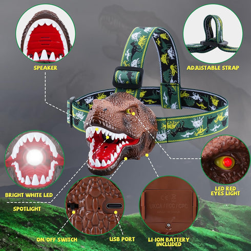 Dinosaur Headlamp for Kids Flashlight Rechargeable Led Headlights Roar & Silent Mode, T-Rex Dinosaur Toys, Camping Gear, Gifts for Boys Girls Adul...