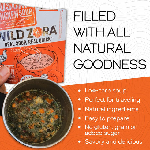 Wild Zora Instant Keto-Friendly Soups Tuscan Chicken 8-pack Broth Made with Free-Range Chicken, and Vegetables, Gluten-Free, Low Carb, No Added Su...