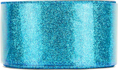 MEEDEE Blue Glitter Ribbon Blue Wired Ribbon 2.5 Inch Metallic Ribbon by 25 Yards Turquoise Ribbon Blue Christmas Ribbon Light Blue Ribbon for Chr...