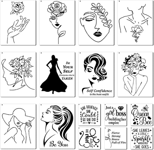 Zonon 16 Pieces Women Theme Stencils Canvas Painting Stencils Floral Female Face and Inspirational Quote Paint Lady Face for Home Wall Art Decor P...
