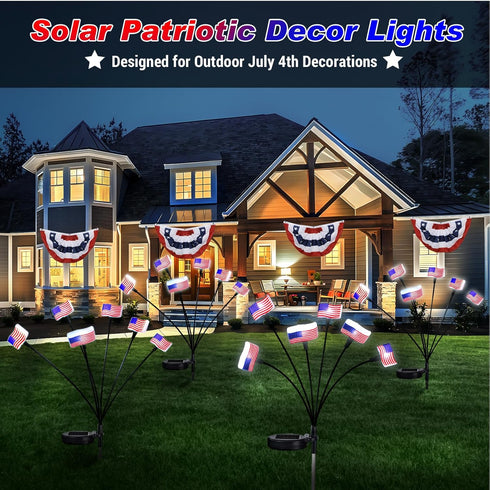 Heceltt 2 Pack Solar 4th of July Decorations Outdoor Garden Lights, 12 LED American Flags Waterproof for Independence Day Memorial Day Patriotic D...