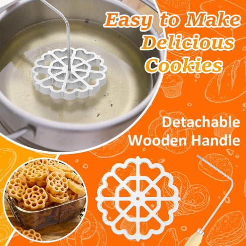 Bunuelos Mold,Aluminum Bunuelos Cookie Maker Mold with Wooden Handle, Detachable Rosette Iron Molds Set,Waffle Molds Funnel Cake Ring,Achappam Mol...