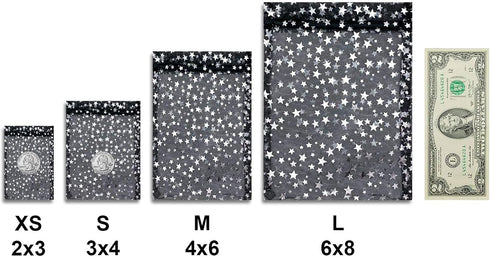 100-Pack 2x2.5 Sheer Organza Drawstring Gift Bags (X-Small) - Metallic Stars (Black/Silver) - Wedding Party Favors, Jewelry, Candy, Treats Mesh Po...