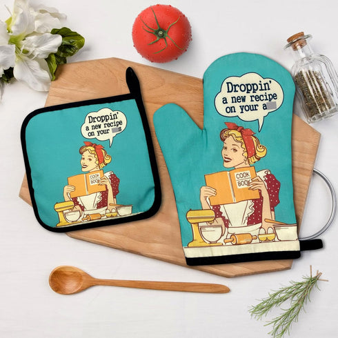 Droppin' A New Recipe on Your Ass,Funny Oven Mitts and Pot Holders Sets of 2,Silicone Non-Slip Oven Mitts,Kitchen Gift for Women,Bake Lover Gift,H...