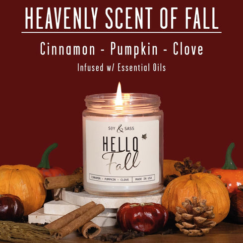 Fall Candles - 'Hello Fall' Fall Candle w/Cinnamon, Spice & Pumpkin Candle I Infused with Essential Oils I Autumn Fall Scented Candles I Pumpkin S...
