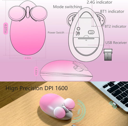 UBOTIE Bluetooth Wireless Optical Mouse, Portable Wireress Bluetooth and USB Nano Connection Cute Rat Shape Colorful Gift Computer Mouse for Lapto...
