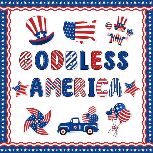 Whaline 95Pcs Patriotic Classroom Bulletin Board Decoration Kit God Bless America Bulletin Board Set Cartoon 4th of July Cutouts with Glue Points ...