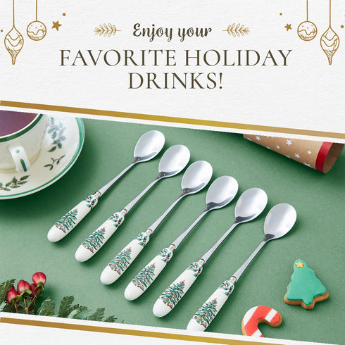Spode Christmas Tree Teaspoons - Set of 6, Holiday Silverware for Desserts and Beverages, Stainless Steel Flatware with Porcelain Handles, 6-Inch ...