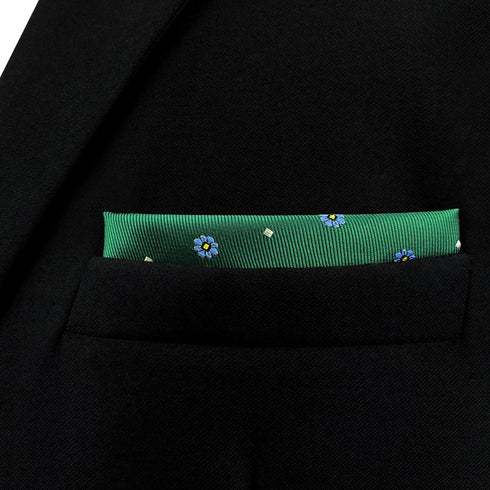 S&W SHLAX&WING Men's Pocket Square Emerald Green with Blue Flower for Suit Jacket Wedding...