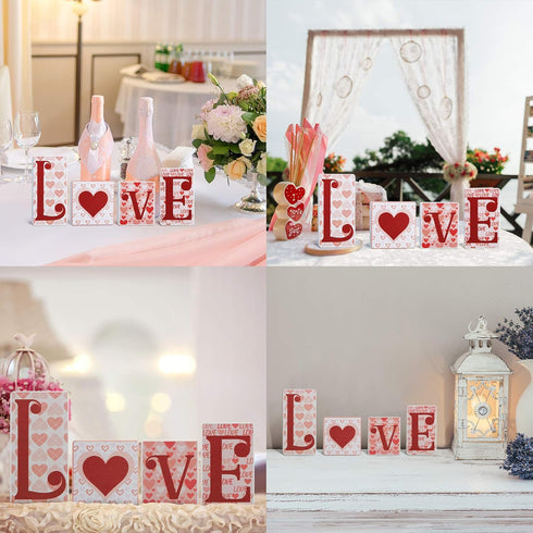 Jetec Valentine's Day Love Wooden Block Signs Freestanding Love Tabletop Decorations Wood Heart Table Decor for Valentines Wedding Home Party Shel...