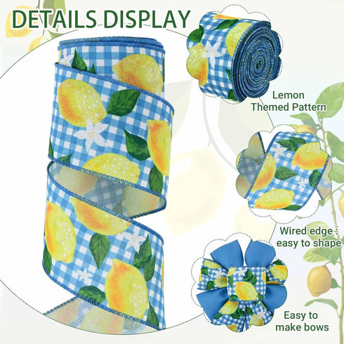 2 Rolls 20 Yards Blue Tile Lemon Wired Edge Ribbon Yellow Summer Fruit Flower Printed Fabric Ribbon for Baby Shower Birthday for Gift Wrapping Wre...