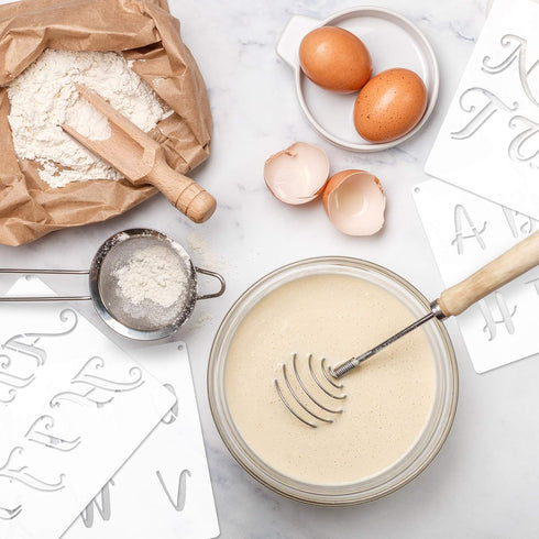 8 Pieces Calligraphy Letter Number Stencil Reusable Template Cursive Alphabet Cake Stencils with Metal Open Ring for Cake Airbrush Art and Craft P...