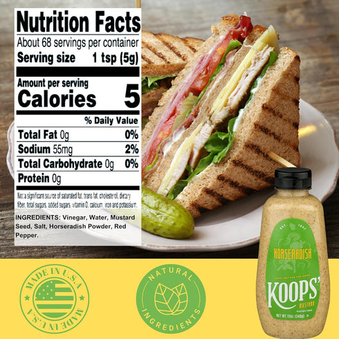 Koops' Horseradish Mustard – Bold and Zesty Horseradish Sauce, Gluten-Free, Kosher, Made in USA, From Quality Mustard Seeds – 12 Oz, Pack of 1...