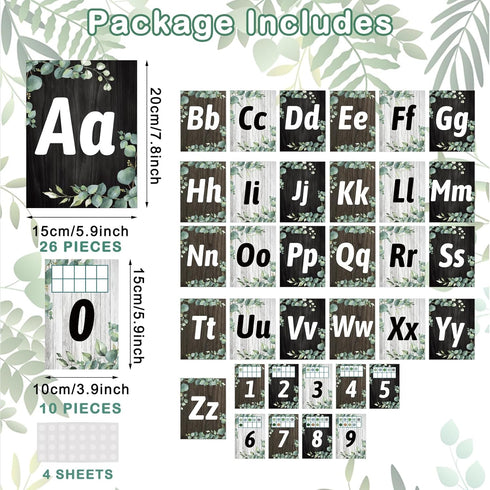 Whaline 36 Pack Eucalyptus Alphabet Number Bulletin Board Set Greenery Alphabet ABC Card Number 0-9 Card with Glue Points Green Leaves Prize Award...