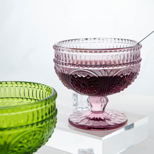 Vintage Flower Embossed Glass Footed Dessert Bowl Ice Cream Bowl Trifle Bowl Salad Bowl Candy Cake Bowl for Home Party Wedding 9oz-Pink...