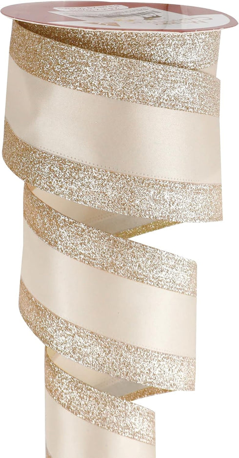HUIHUANG Champagne Gold Wired Satin Ribbon with Glitter Stripe Edges 2.5 inch, Champagne Christmas Ribbon for Tree, Bows Making, Wreath Supplies, ...