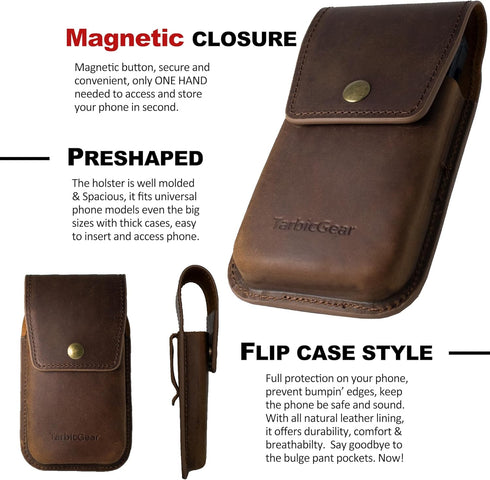 Leather Phone Pouch for Belt, S23 Ultra Belt Clip Holder for Men, Large Phone Holster, iPhone 14 Pro Max Belt Clip Case, Universal Smartphone Leat...