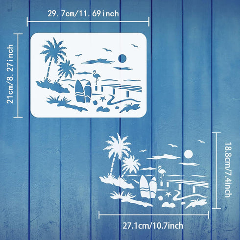 FINGERINSPIRE Beach Scenery Stencil 8.3x11.7 inch Ocean Beach Stencil Template Plastic Coconut Trees Seagulls Flamingo Shells Pattern Painting Ste...