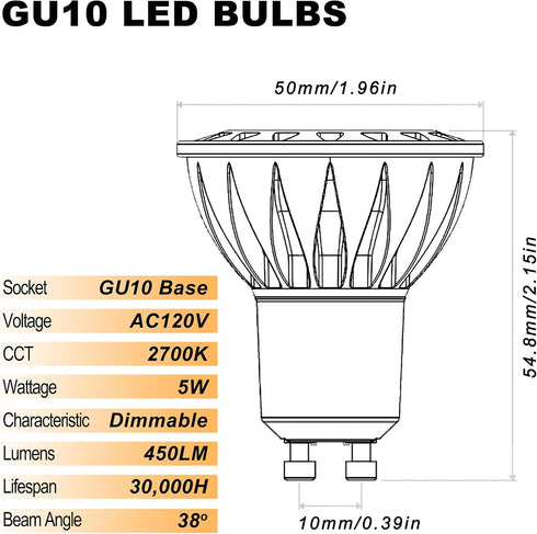 ALIDE GU10 Led Light Bulbs Dimmable AC120V,25W 35W 50W Halogen Replacement,2700K Warm White,MR16 GU10 Dimmable 2 Prong Base 5W Led Track Bulbs,450...