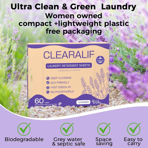 CLEARALIF Laundry Detergent Sheets, Up to 60 Loads, Fresh Lavender, liquidless, Eco-Friendly, Zero Waste, Save Space, Travel Laundry Strips for HE...
