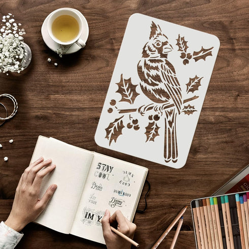 FINGERINSPIRE Cardinal Bird Stencil 11.7x8.3 inch Plastic Cardinal Bird Painting Stencil Bird Branch Pattern Stencils Reusable Stencils for Painti...