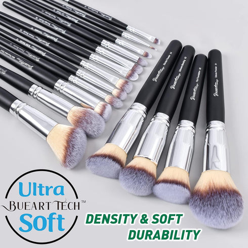 16Pcs ULTRA SOFT Black labeled Makeup Brushes set Contains large powder Flat Foundation Blending Blush Face contour Concealers Brush (16Pcs Matte ...