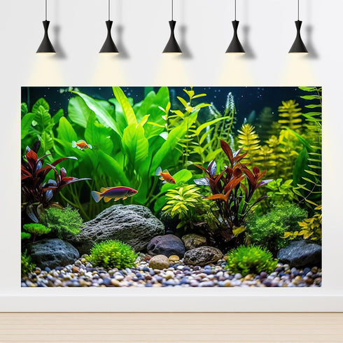Aquarium Background Tropical Fish with Green Plants and Stones Terrarium Background Aquatic Plants Rocks Moss Tropical Style Landscape Aquarium Ba...