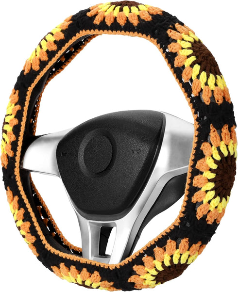 Crochet Steering Wheel Cover Set,Cute Car Steering Wheel Cover Boho 14-15in,Handmade Sunflower Granny Square Pattern Gift for Women, Accessories f...