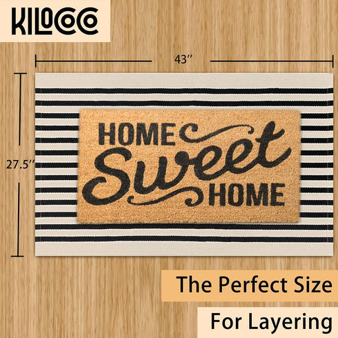 KILOCOCO Beige Striped Rug 2.3'x3.6' Indoor Outdoor Rugs Front Door Mat Hand Woven Cotton Washable Striped Layered Doormats for Front Porch/Kitche...