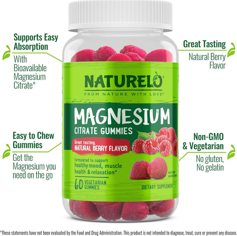 NATURELO Magnesium Citrate Gummies - for Calm & Relaxation Support, Natural Berry Magnesium Gummies, 60 Vegetarian Gummies...